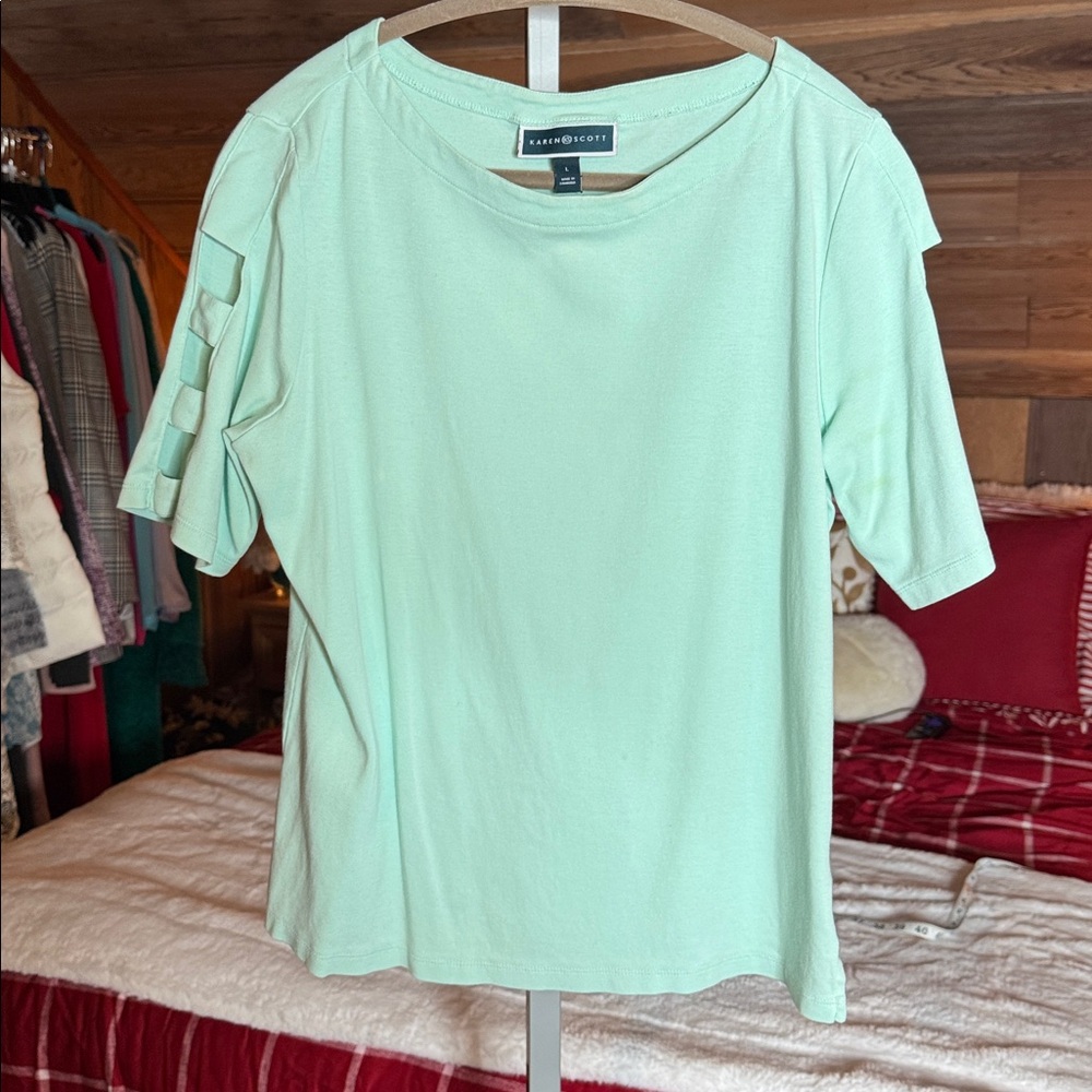 Karen Scott Mint Green Top Size L Cutout Sleeve Casual Blouse - Picture 2 of 3